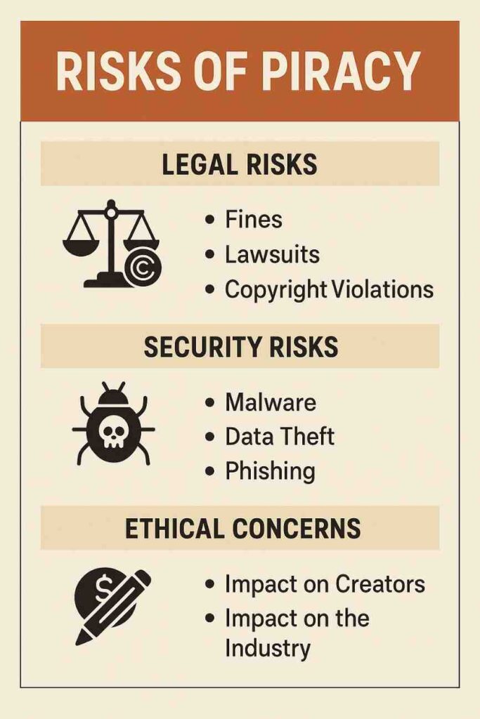 Infographic illustrating the risks of piracy, including legal risks (fines, lawsuits, and copyright violations), security risks (malware, data theft, and phishing), and ethical concerns (impact on creators and the industry)