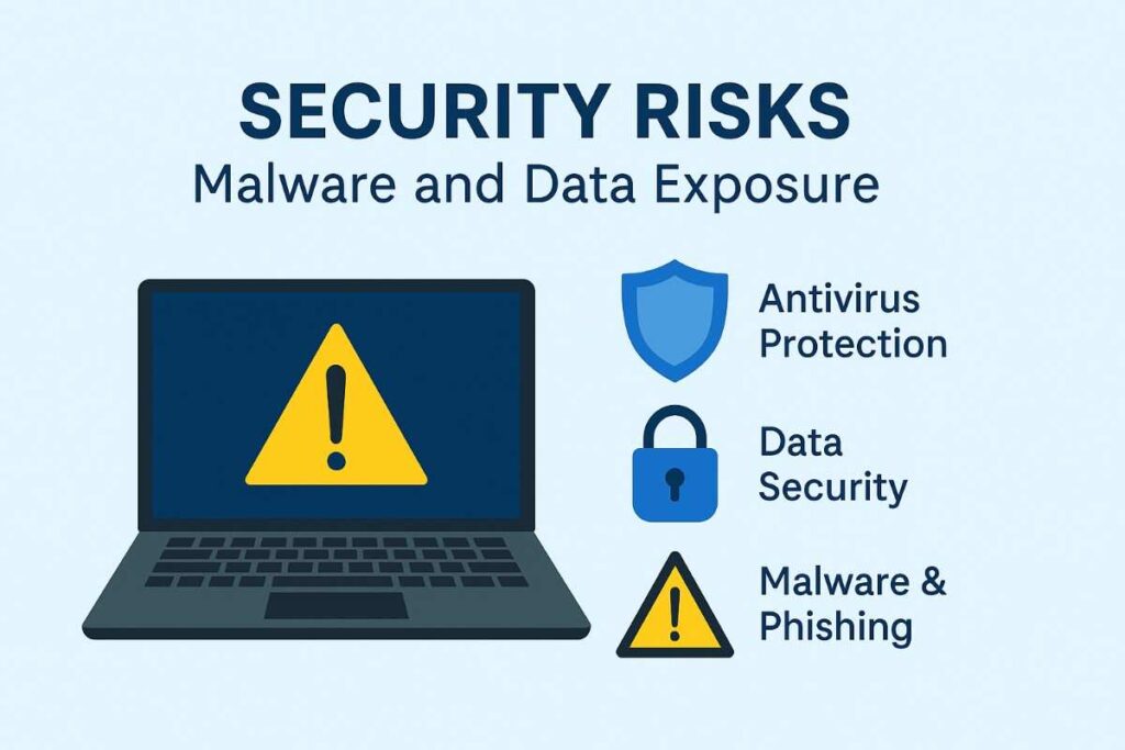 Flat-style infographic showing security risks from pirated sites, with icons representing antivirus protection, VPN usage for data security, and warnings for malware and phishing attacks. The image highlights the importance of protecting personal data from pirated streaming sites.